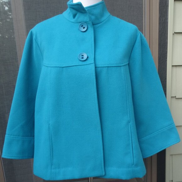 Chico's 3/US XL-16 Teal Pea Coat Swing 3/4 Sleeves Funnel Neck Felt, two Buttons - Picture 1 of 6